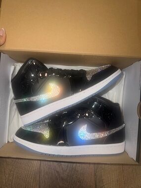 Nike Black Patent Low-Top Sneakers with Iridescent Crystal Swoosh